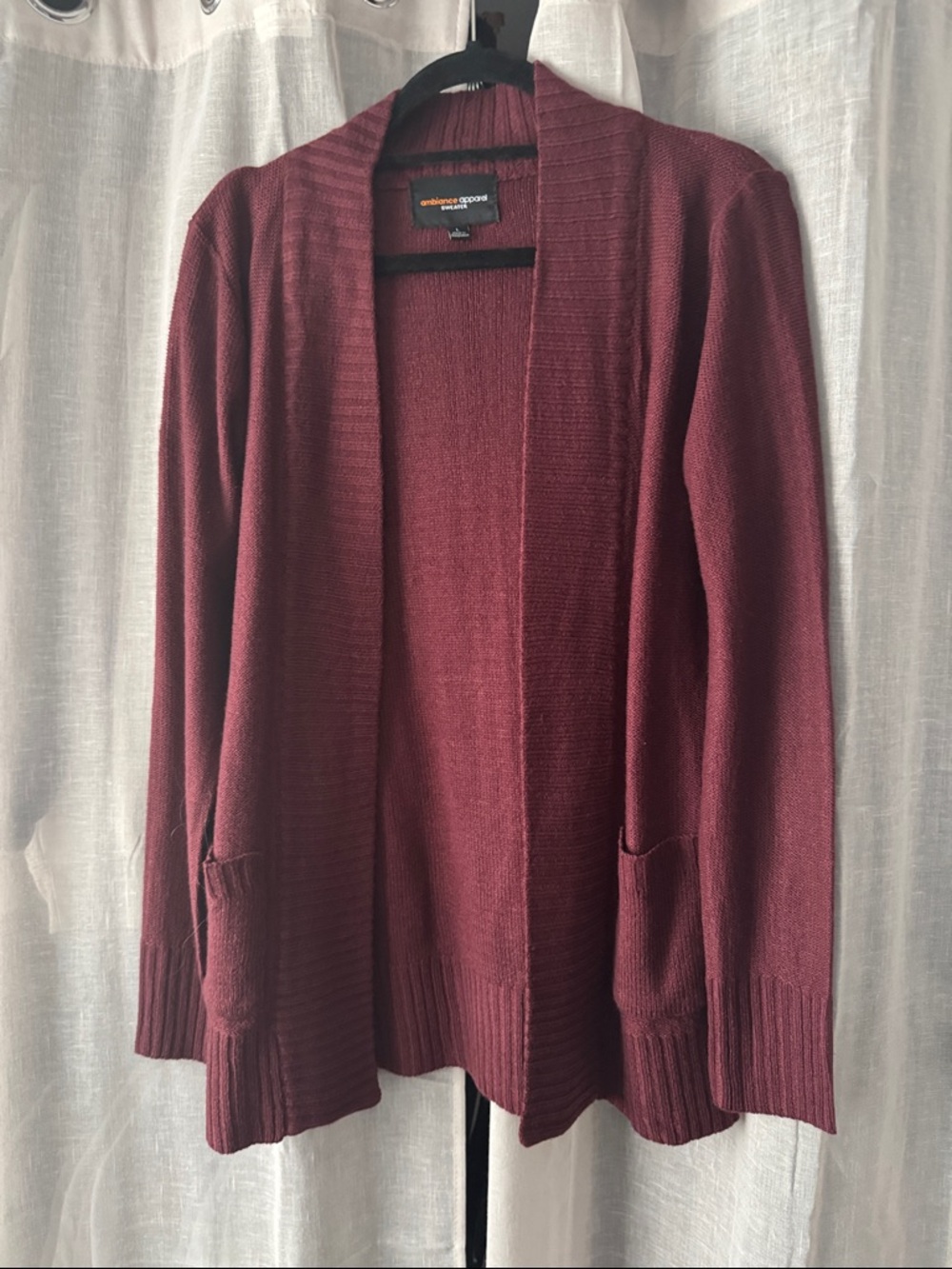 Ambiance Open-Front Maroon Cardigan with Pockets
